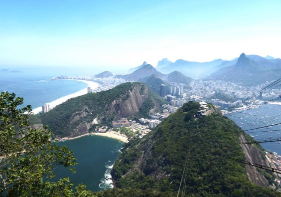 View from the top of Pão de Açúcar with cable car Rio de Janeiro Brazil