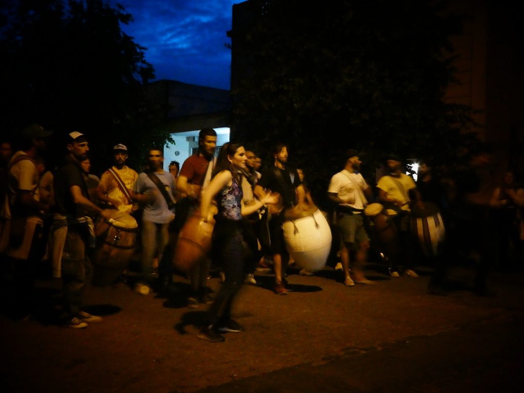 Mixed gender candombe group marching in Montevideo Uruguay
