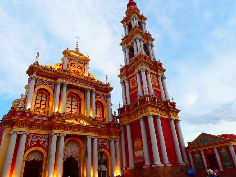 Red-fire baroque san francisco church in Salta