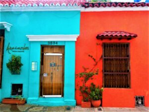 Colourful facades of colonial houses in Cartagena, Colombia