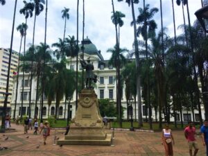 Main square with people, palm trees and a statue