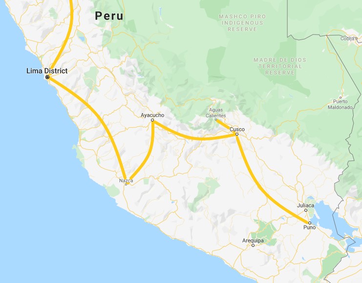 Route map for 3 weeks in southern Peru itinerary
