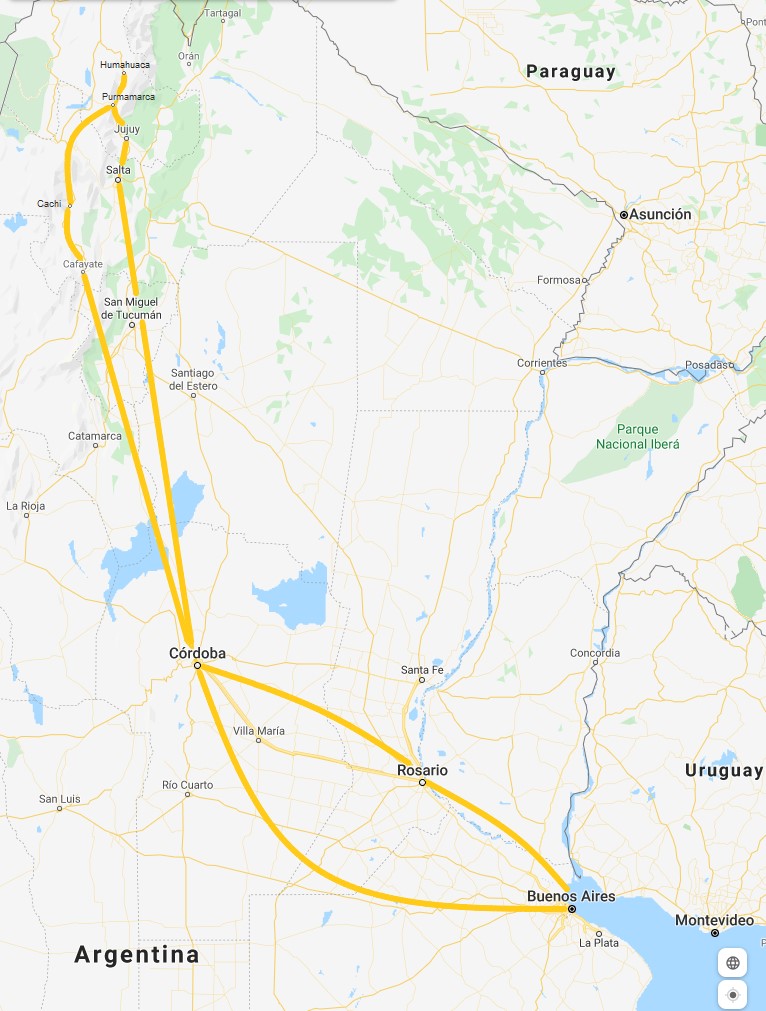 Route map for 2 weeks in Argentina itinerary