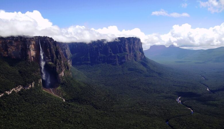 Aerial view on Salto del Angel, the longest waterfall in South America and in the world